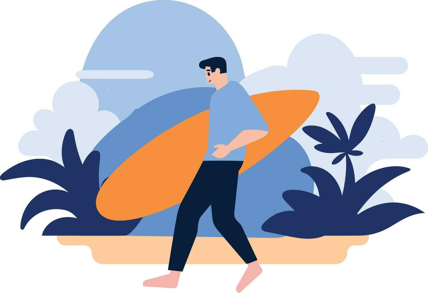 main tiré touristique adolescent personnages sont en jouant planches de surf à le mer dans plat style vecteur