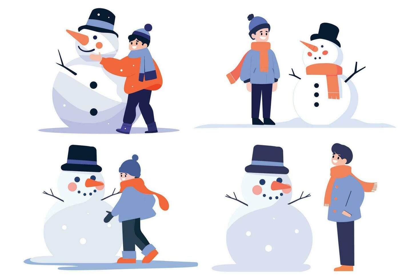 main tiré enfant personnage en jouant avec bonhomme de neige dans hiver dans plat style vecteur