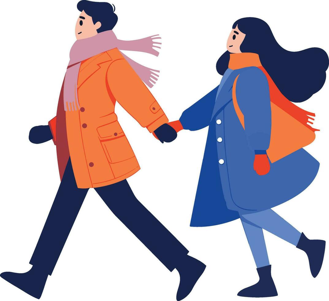 main tiré couple portant hiver Vêtements des promenades sur une chemin rempli avec neige dans plat style vecteur