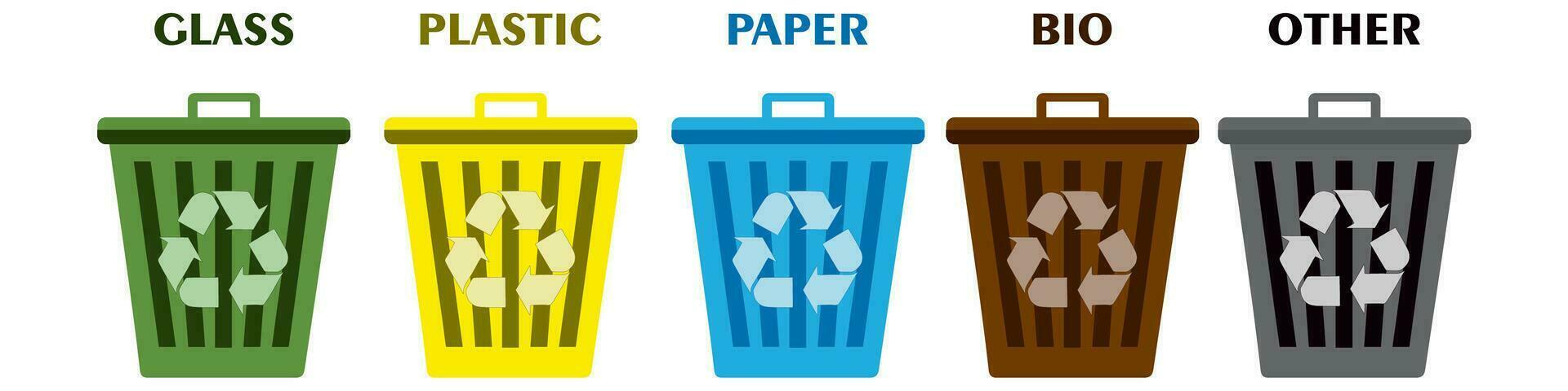 poubelle pouvez icône collection. tri bacs vecteur plat illustration ensemble. séparation concept. Plastique conteneurs pour des ordures de différent les types. déchets la gestion concept.