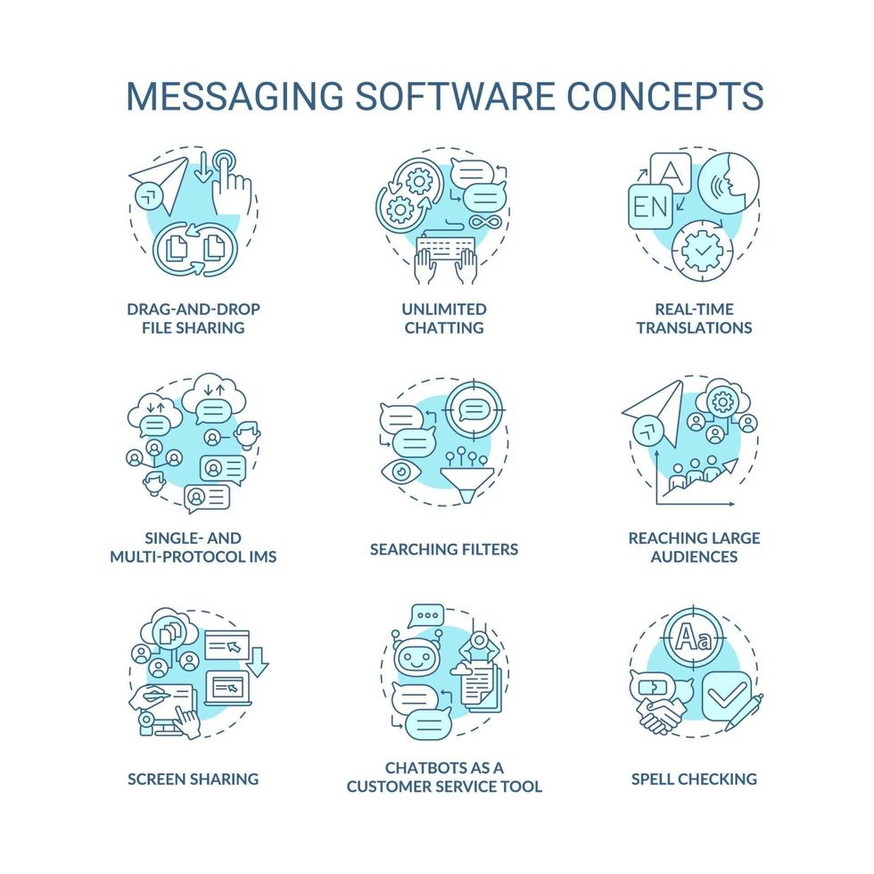 jeu d'icônes de concept bleu de logiciel de messagerie vecteur