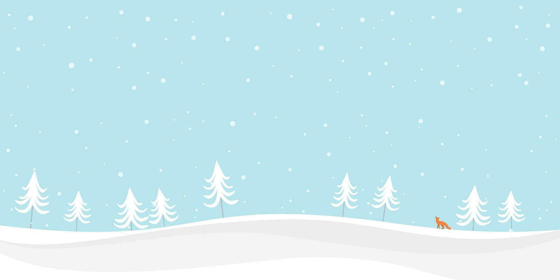 neige paysage avec pin arbre et Renard puéril style vecteur illustration. hiver pays des merveilles avec chute de neige avoir Vide espace.