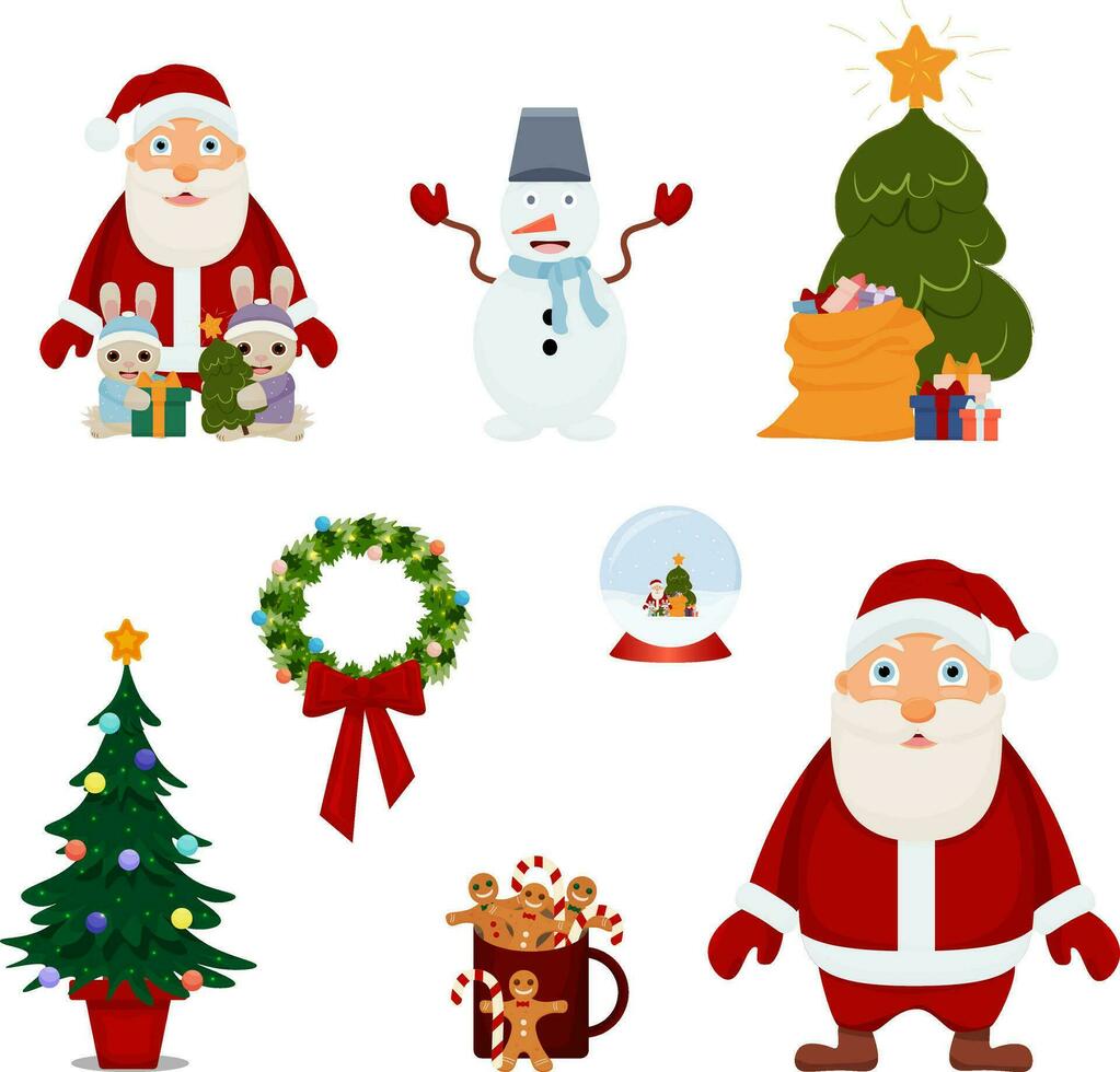 Noël collection avec traditionnel Noël symboles. Père Noël noël, une verre balle, une cadeau, une couronne, une bonhomme de neige, une agresser avec pain d'épice et cacao, une Noël arbre. vecteur. vecteur