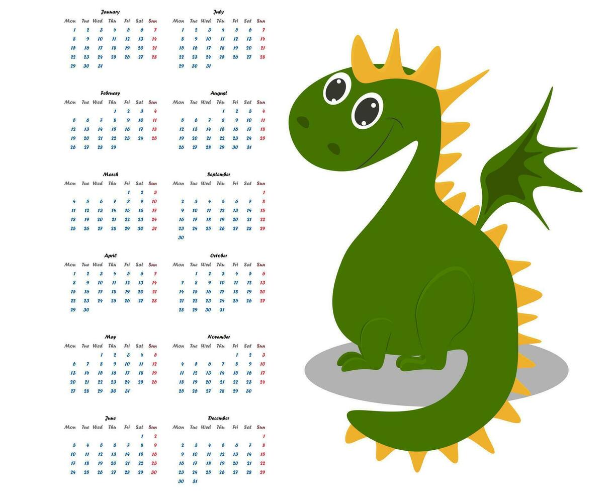 calendrier 2024 avec mignonne vert dragon. vecteur