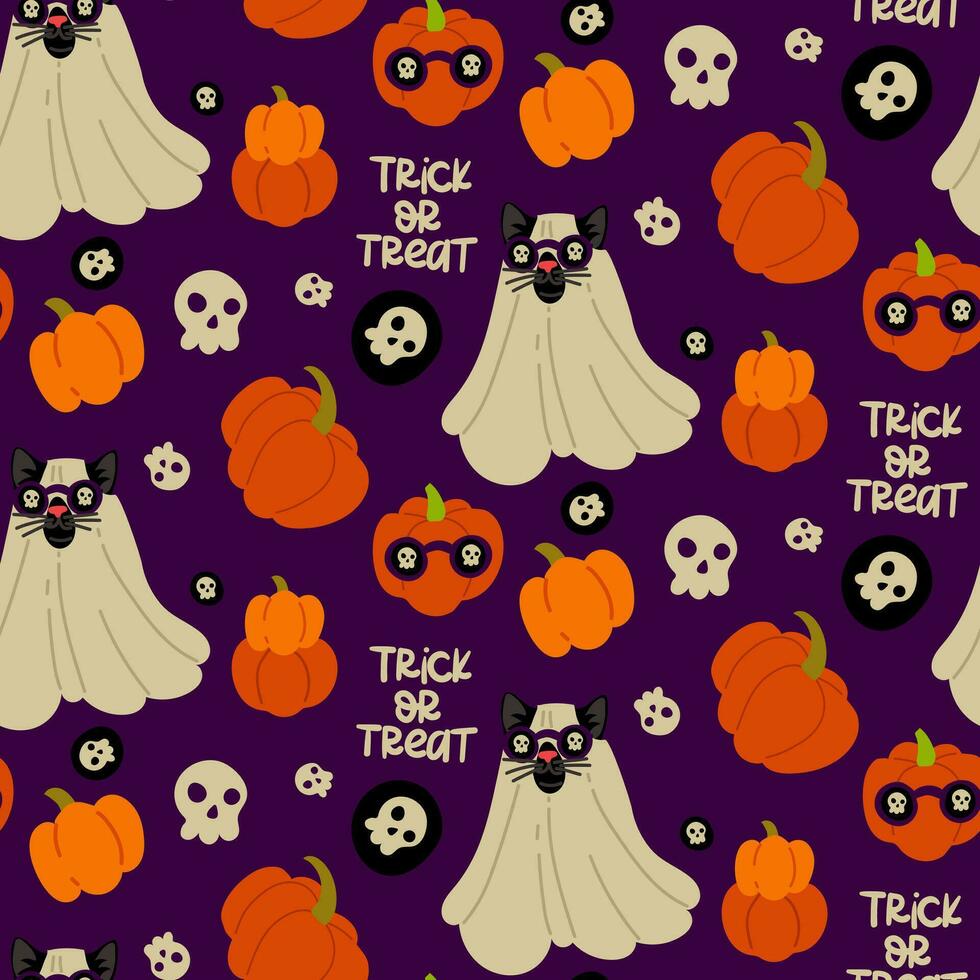 modèle de une chat dans une feuille et des lunettes pour Halloween sur une violet Contexte. une noir chat avec des lunettes avec une crâne modèle. plat vecteur illustration avec citrouilles. texte tour ou traiter