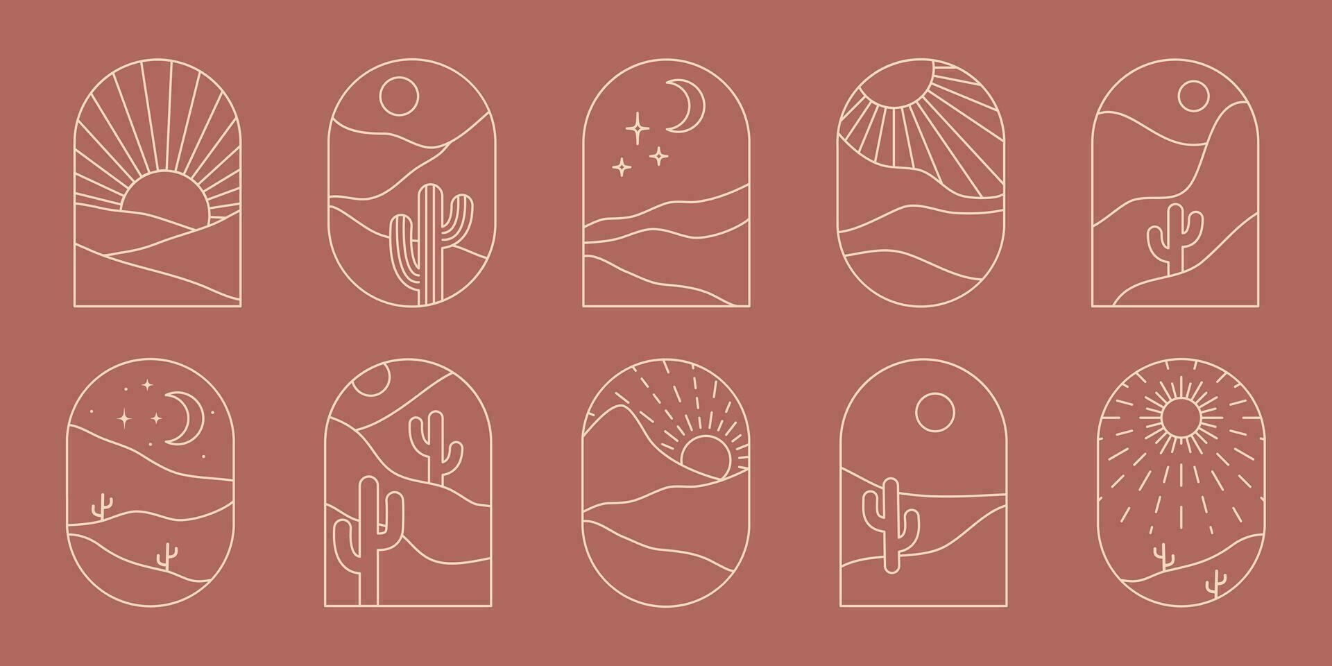 boho logo paysage avec désert. cactus, sablonneux montagnes, Soleil et lune. abstrait conception modèles. vecteur bohémien gros ensemble dans branché doublure style