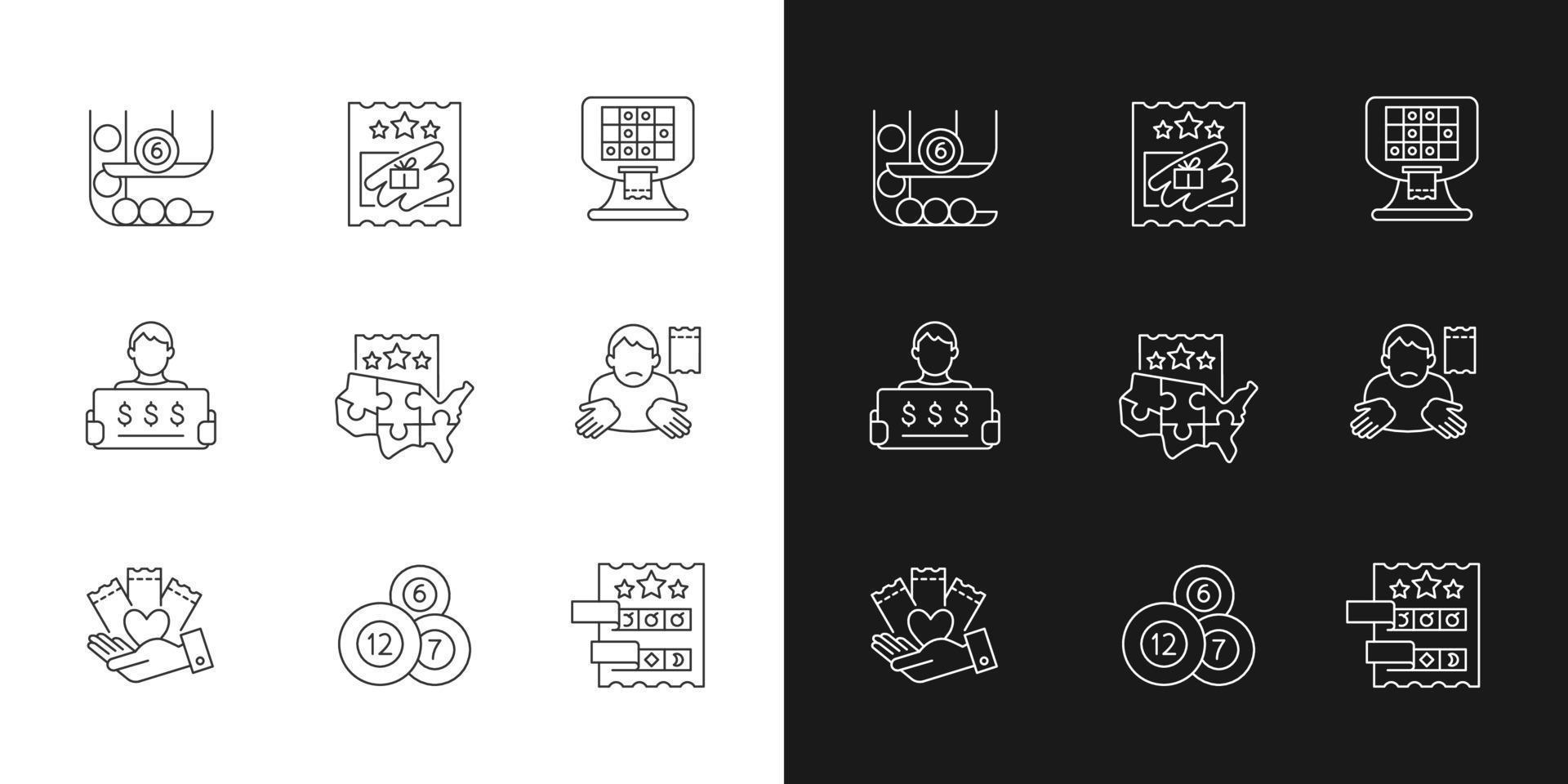 types de jeux de loterie icônes linéaires définies pour les modes sombre et clair vecteur