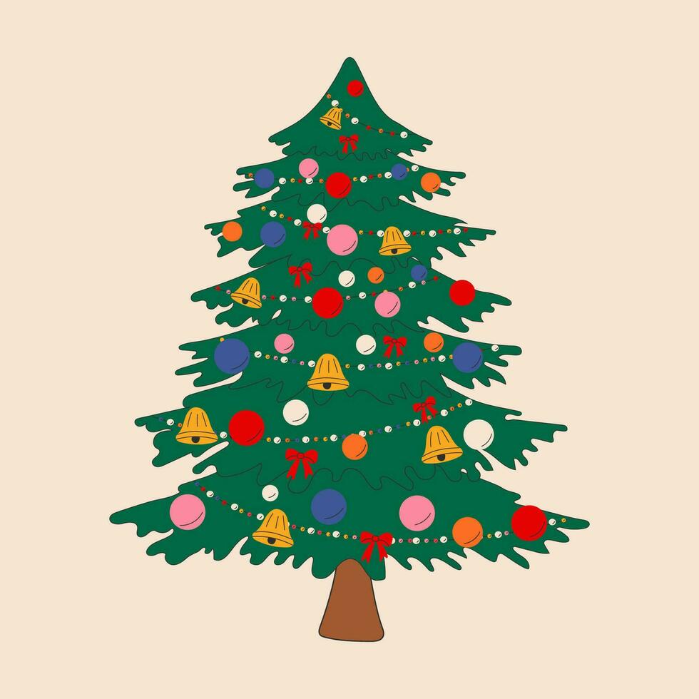 Noël arbre dans dessin animé style vecteur illustration. décoré vert sapins avec cadeau des boites, Noël étoile, des balles, des sucreries et lumières. content Nouveau année concept