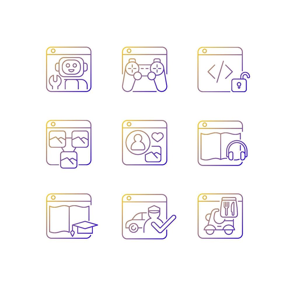 Ensemble d'icônes vectorielles linéaires à gradient d'applications Internet destinées au public vecteur