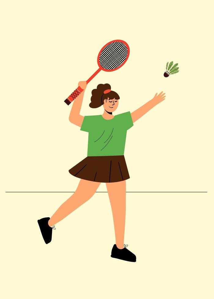 fille heureuse joue au badminton. femme tenant une raquette. vecteur