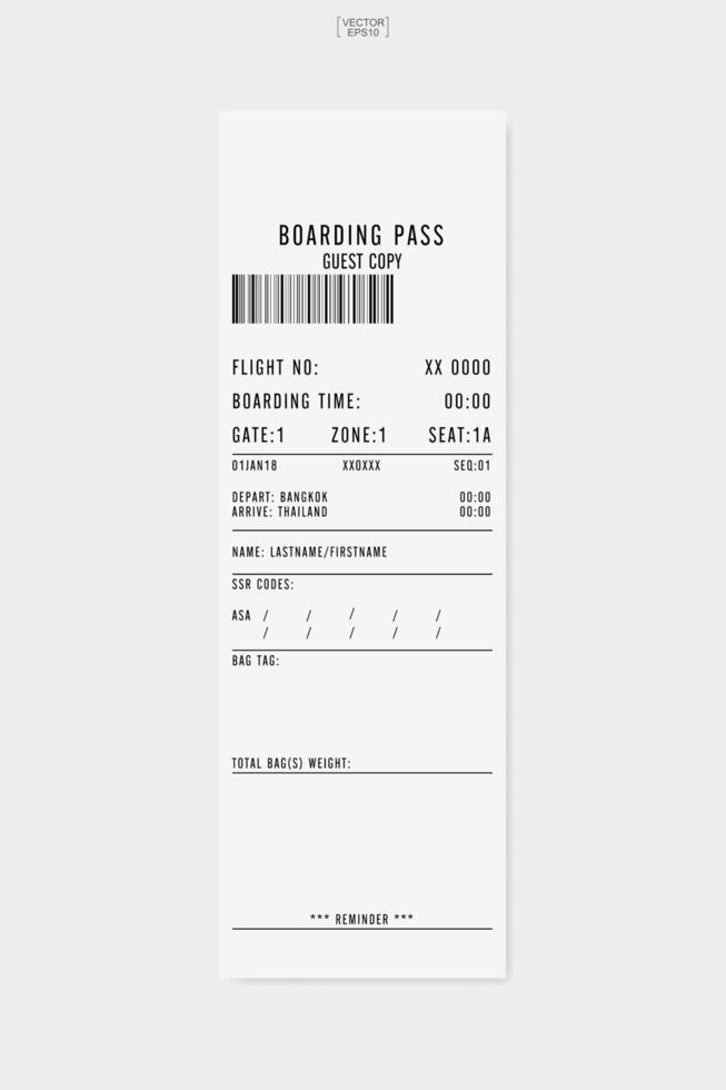 billet de carte d'embarquement d'avion. feuille de papier blanche pour carte d'embarquement. vecteur. vecteur