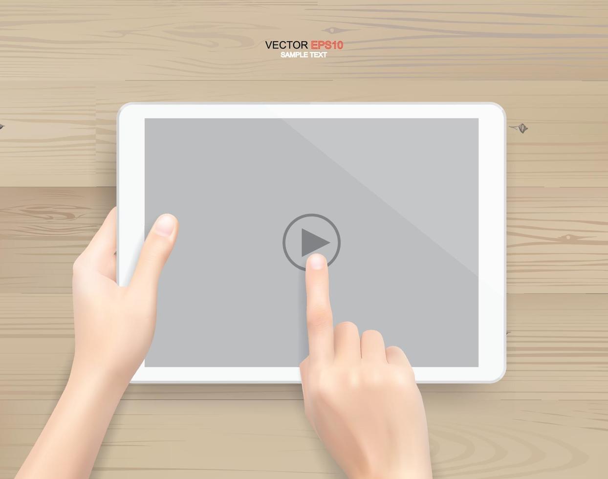 main tenant et tablette à écran tactile sur bois blanc. vecteur