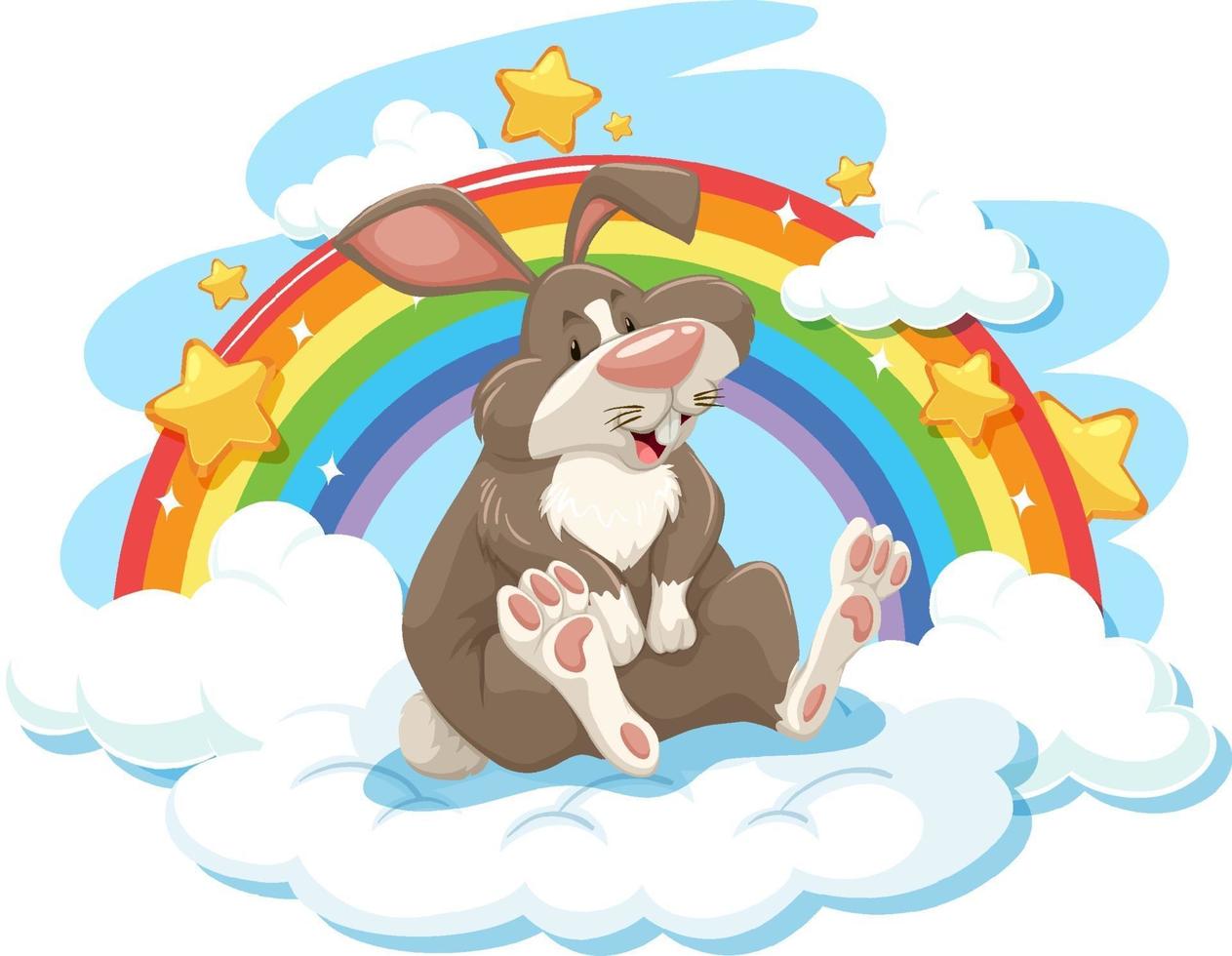 lapin mignon sur le nuage avec arc-en-ciel vecteur