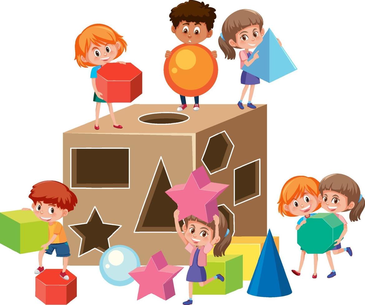 personnage de dessin animé de nombreux enfants jouant avec des jouets de formes vecteur