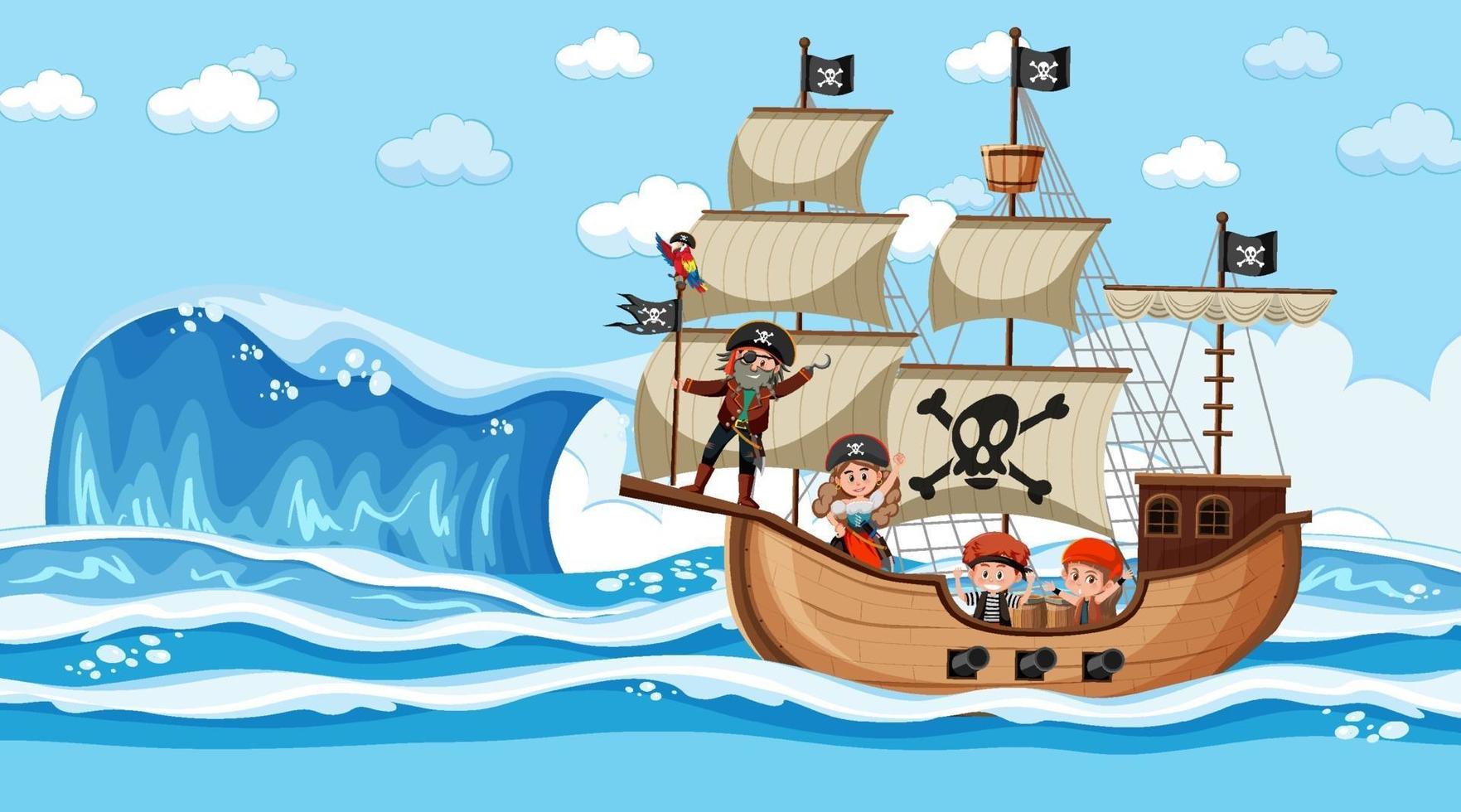 plage avec bateau pirate à la scène de jour en style cartoon vecteur