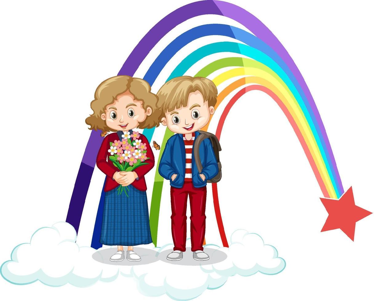 couple d'enfants debout sur le nuage avec arc-en-ciel vecteur