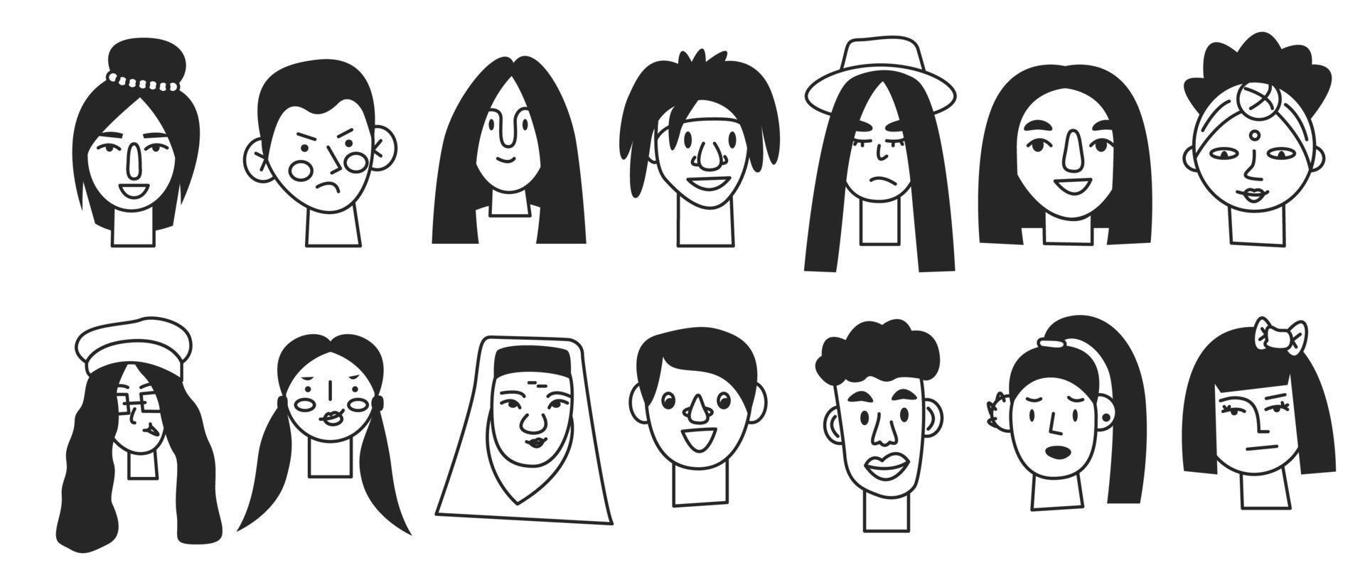 doodle icônes de visage humain minimes noires isolées vecteur