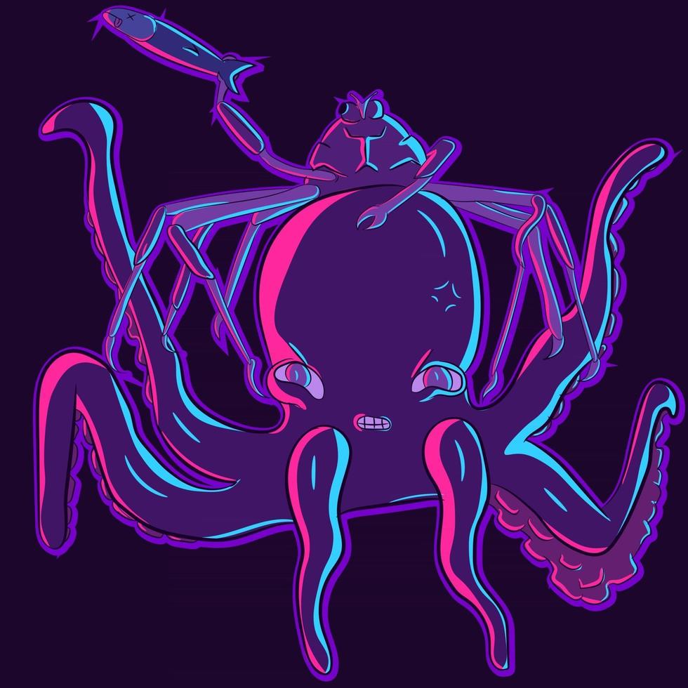 personnages de dessins animés sous des lumières uv. crabe en colère chevauchant une pieuvre vecteur