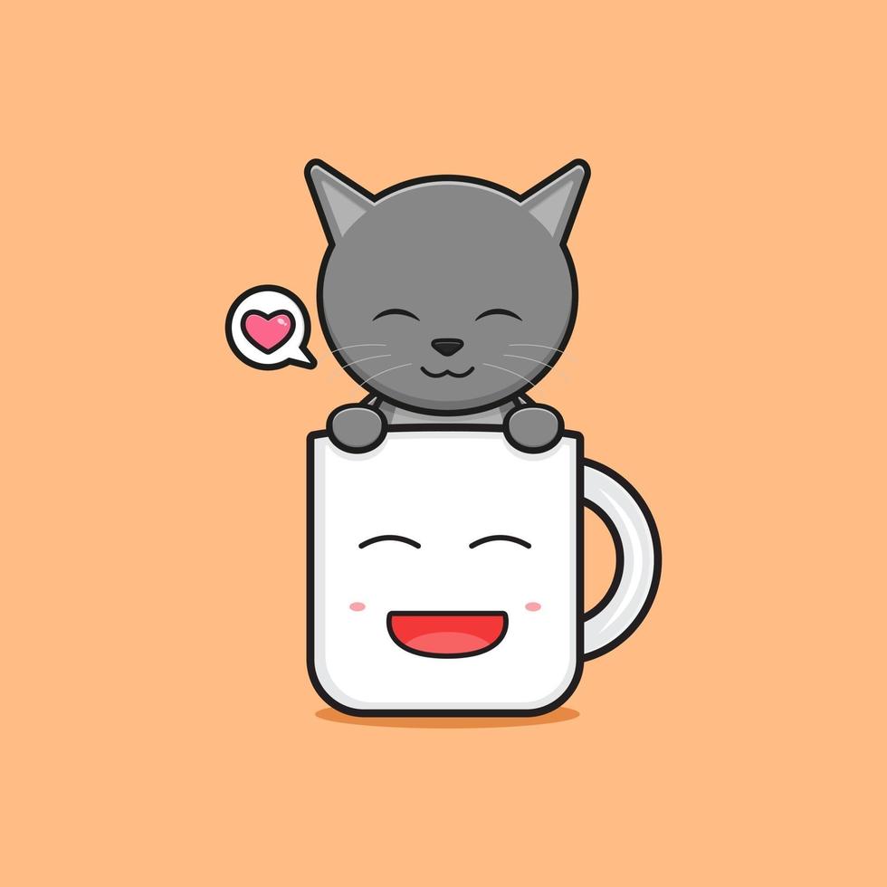 chat mignon dans l'illustration de l'icône de dessin animé de tasse vecteur