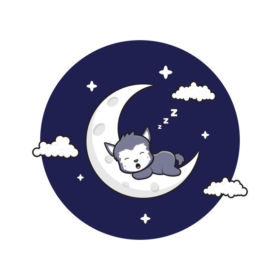 loup mignon dormir sur l'illustration de l'icône de dessin animé de croissant de lune vecteur