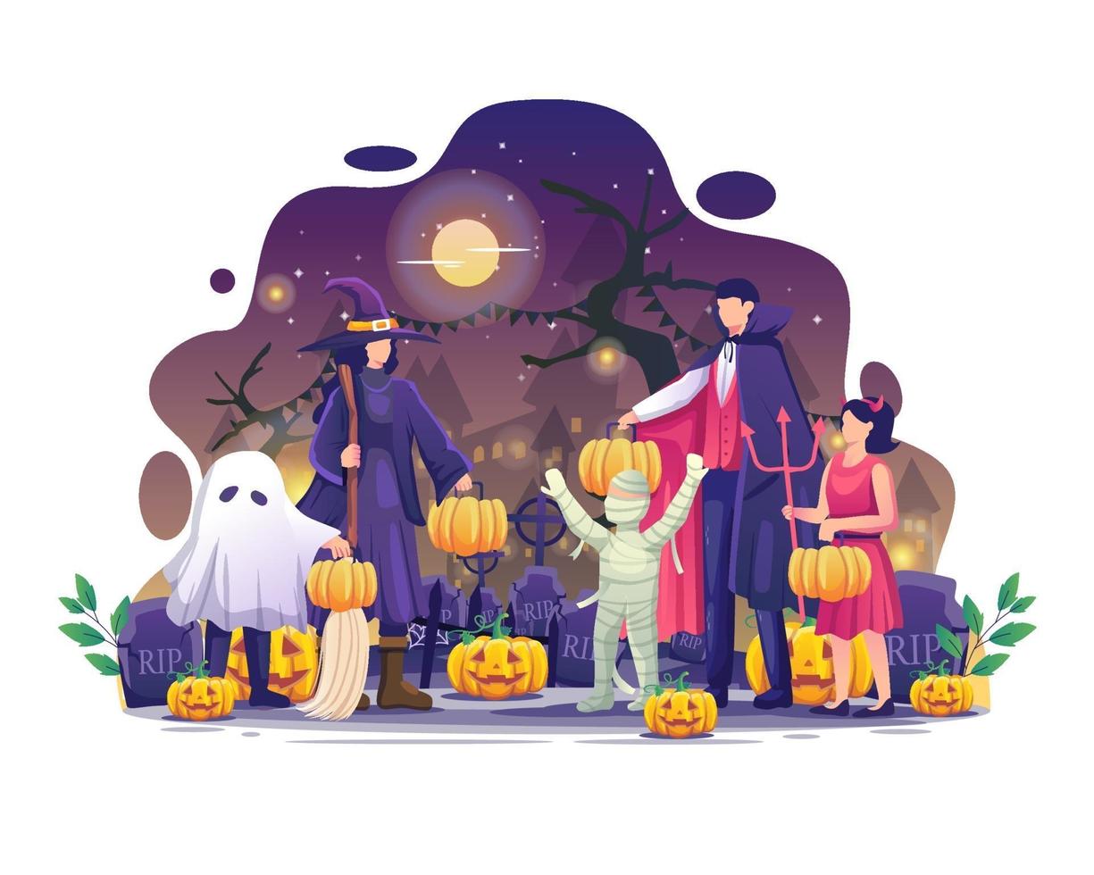 les personnes portant des citrouilles célèbrent l'illustration vectorielle halloween vecteur
