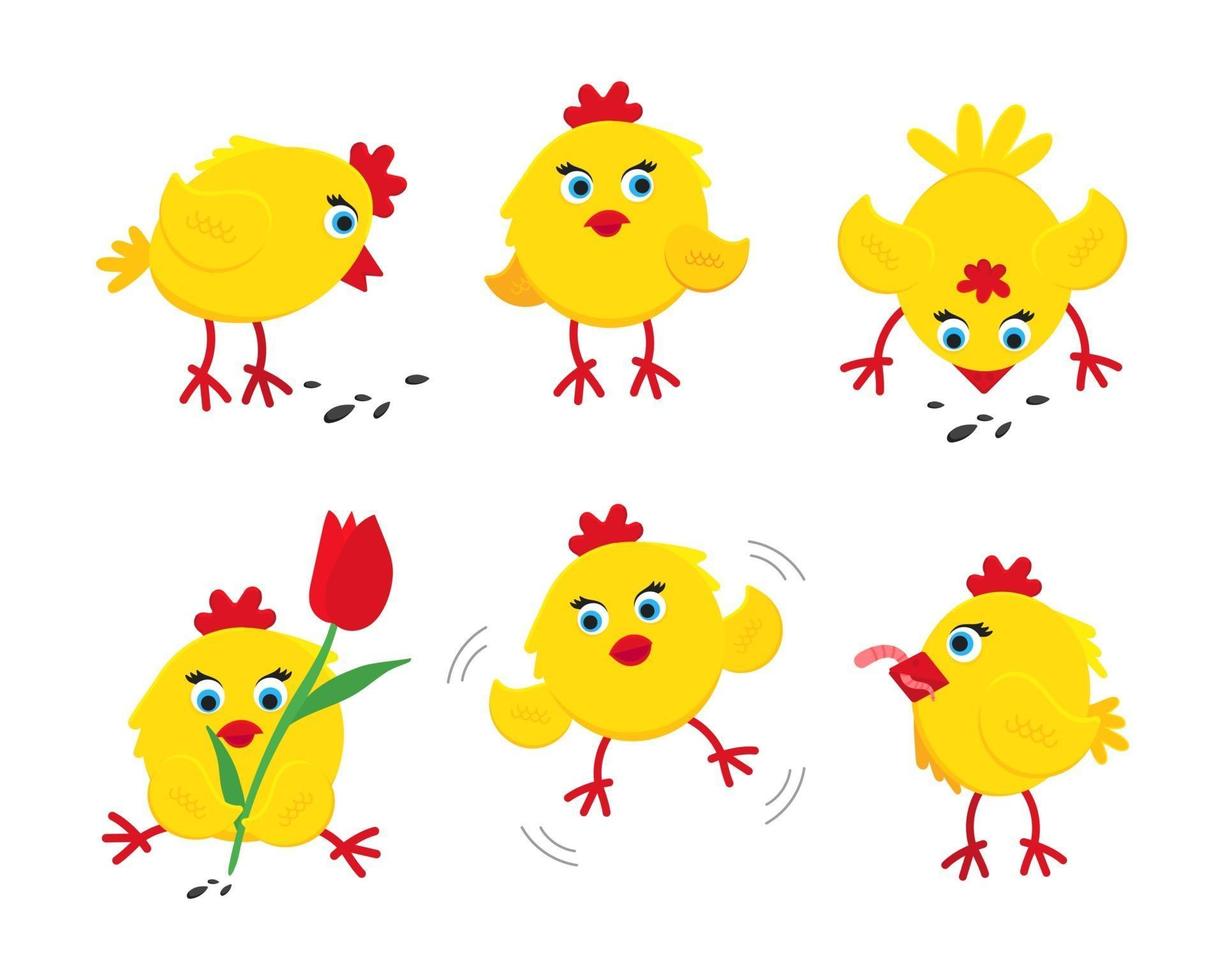 6 mignon petit poussin drôle de conception de style plat de dessin animé de poule de poulet vecteur