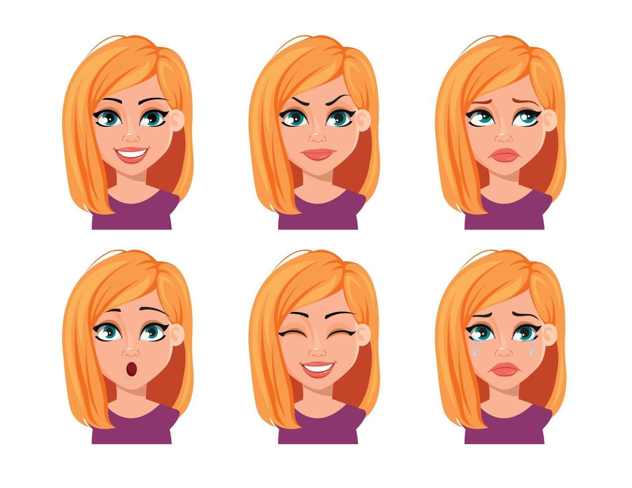 expressions faciales d'une femme aux cheveux blonds vecteur