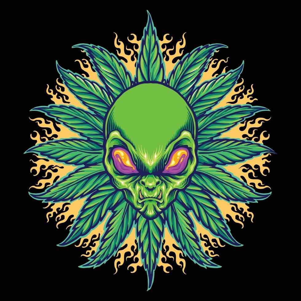 mandala de cannabis extraterrestre avec des illustrations vectorielles de feu vecteur