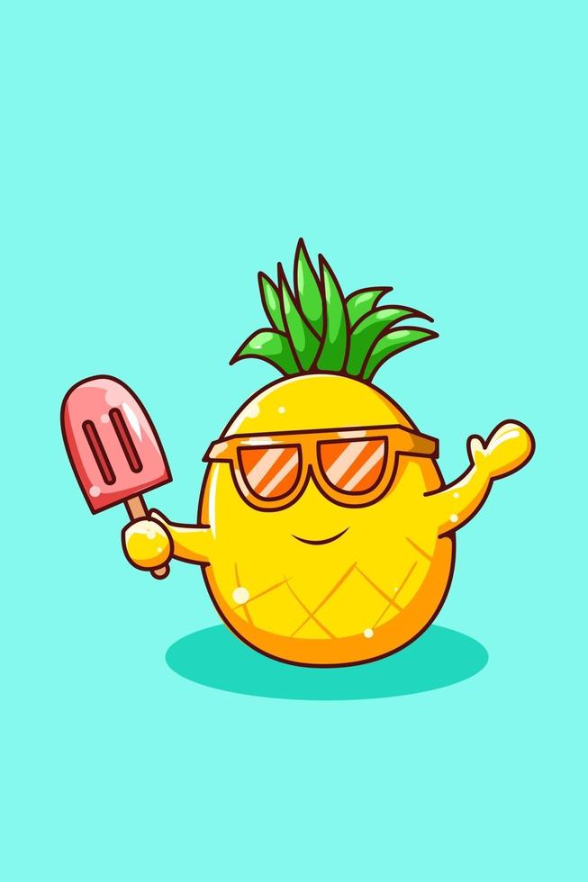 ananas heureux avec de la crème glacée dans l'illustration de dessin animé d'été vecteur