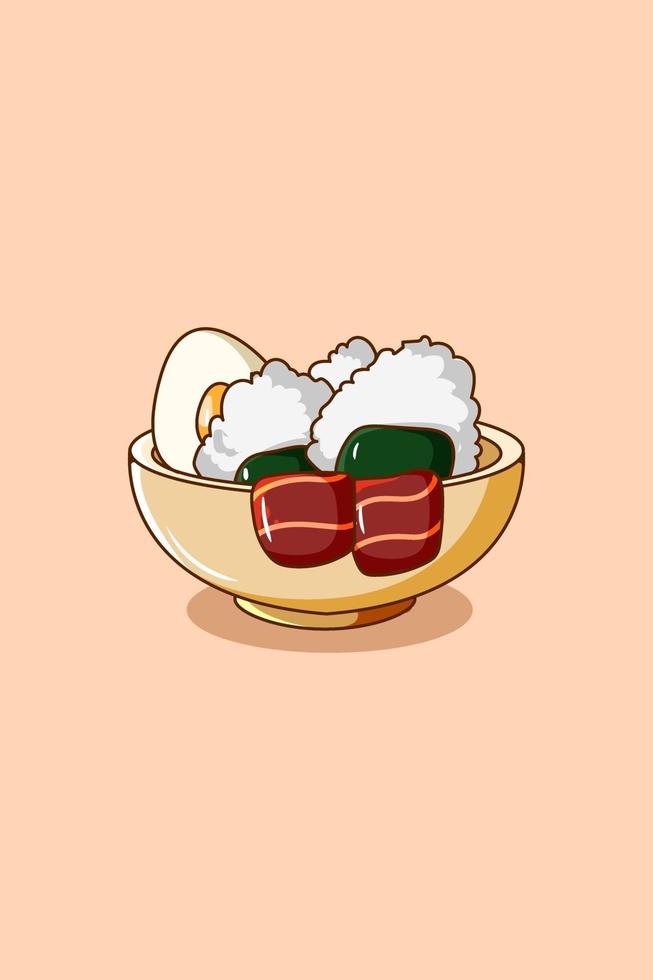 un bol d'illustration de dessin animé de nourriture de sushi et de viande vecteur