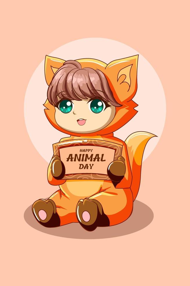 jolie fille avec un costume d'animal en illustration de dessin animé de texte de jour animal vecteur