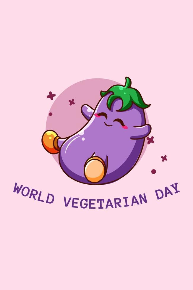aubergine mignonne dans l'illustration de dessin animé de la journée mondiale végétarienne vecteur
