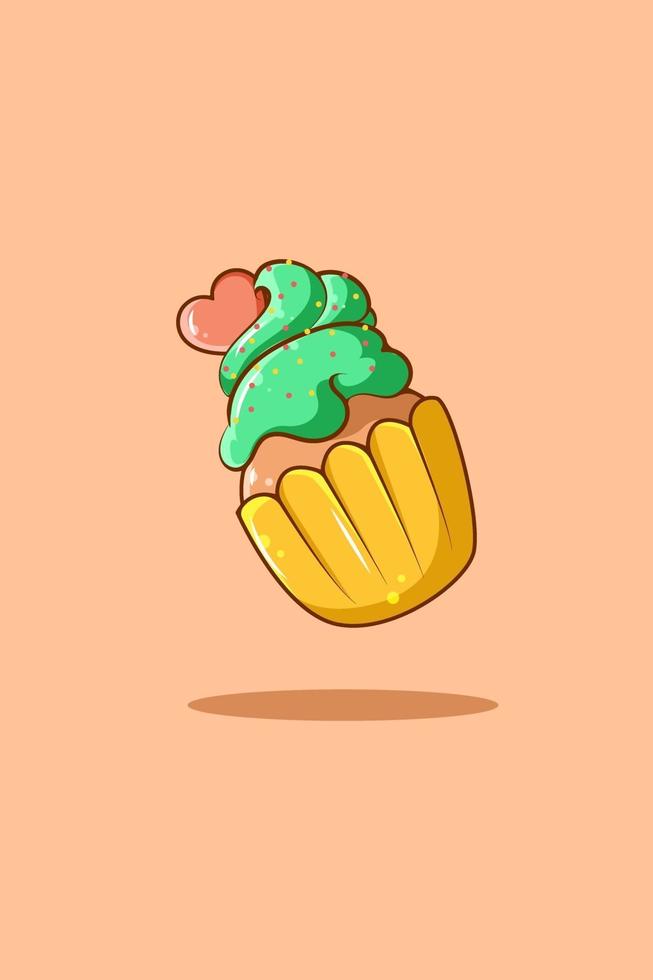 cupcake sucré avec illustration de dessin animé coeur vecteur