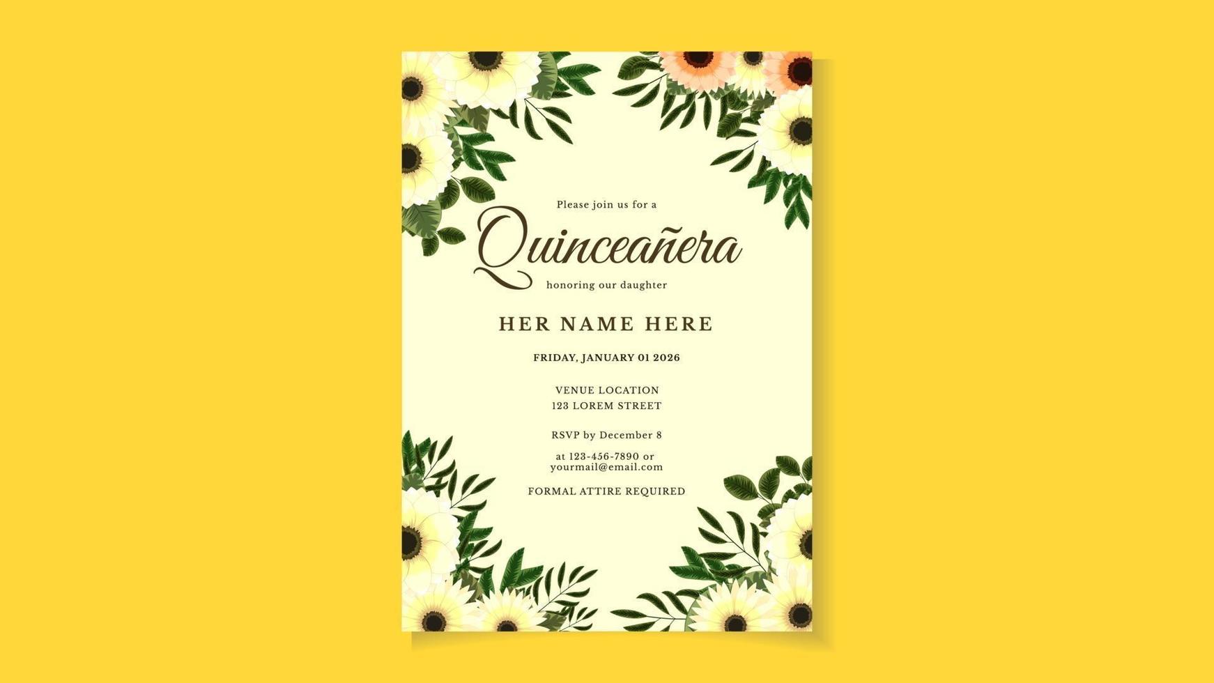 modèle de carte d'invitation flyer floral célébration d'anniversaire de quinceanera vecteur