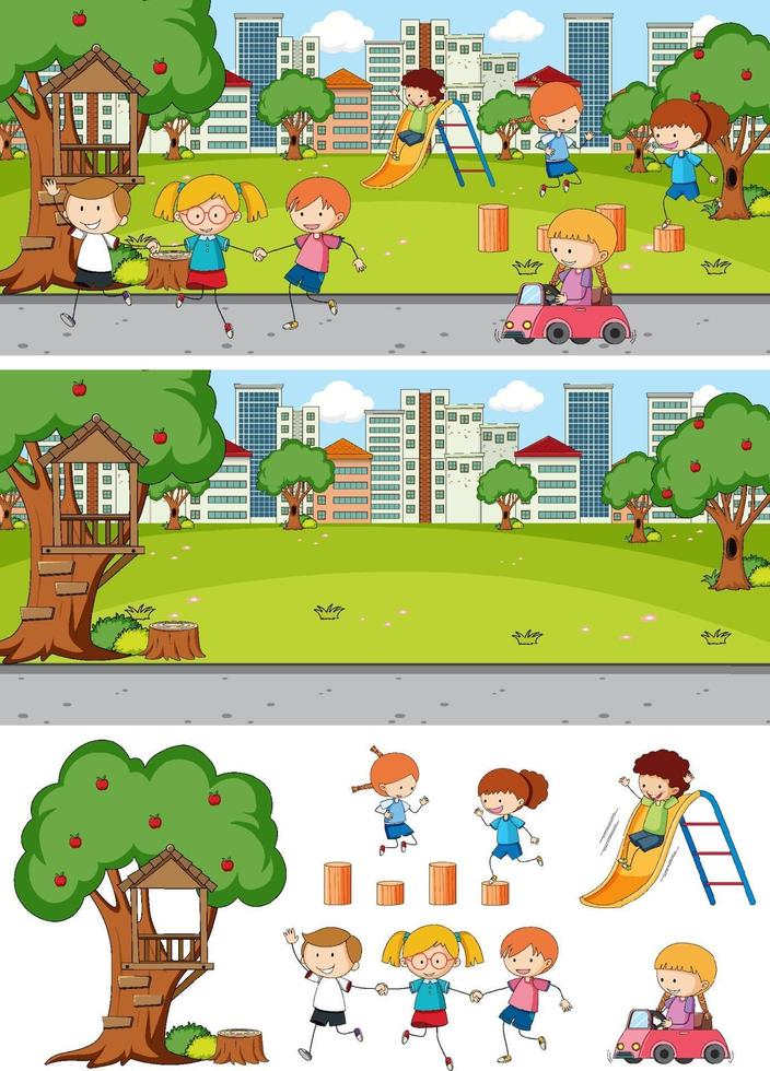 différentes scènes de parc horizontal avec personnage de dessin animé pour enfants doodle vecteur