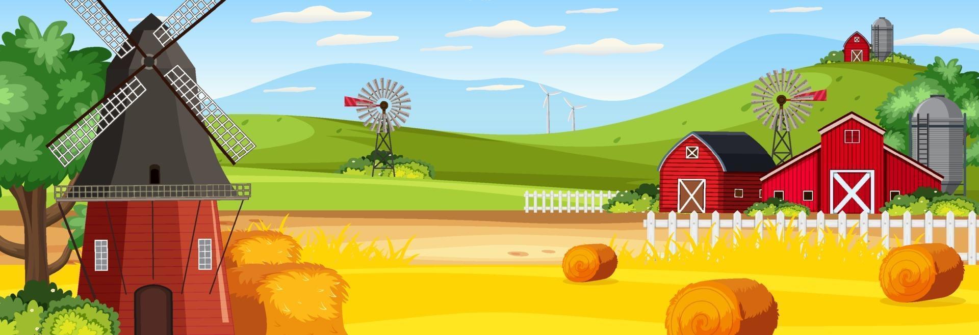 scène de paysage horizontal de ferme avec grange et moulin à vent vecteur