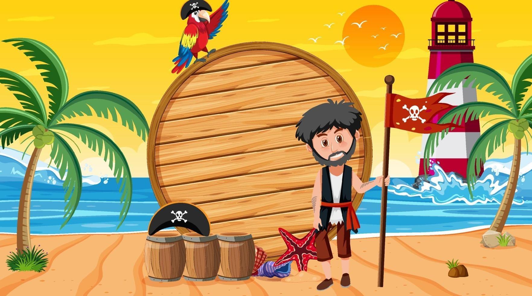 modèle de bannière en bois vide avec homme pirate sur la scène du coucher du soleil sur la plage vecteur