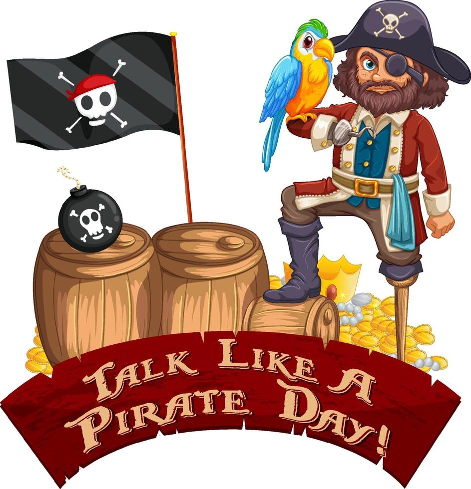 parler comme une bannière de police du jour des pirates avec un personnage de dessin animé pirate vecteur