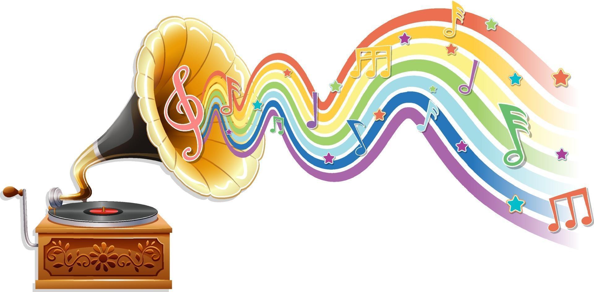 gramophone avec symboles de mélodie sur la vague arc-en-ciel vecteur