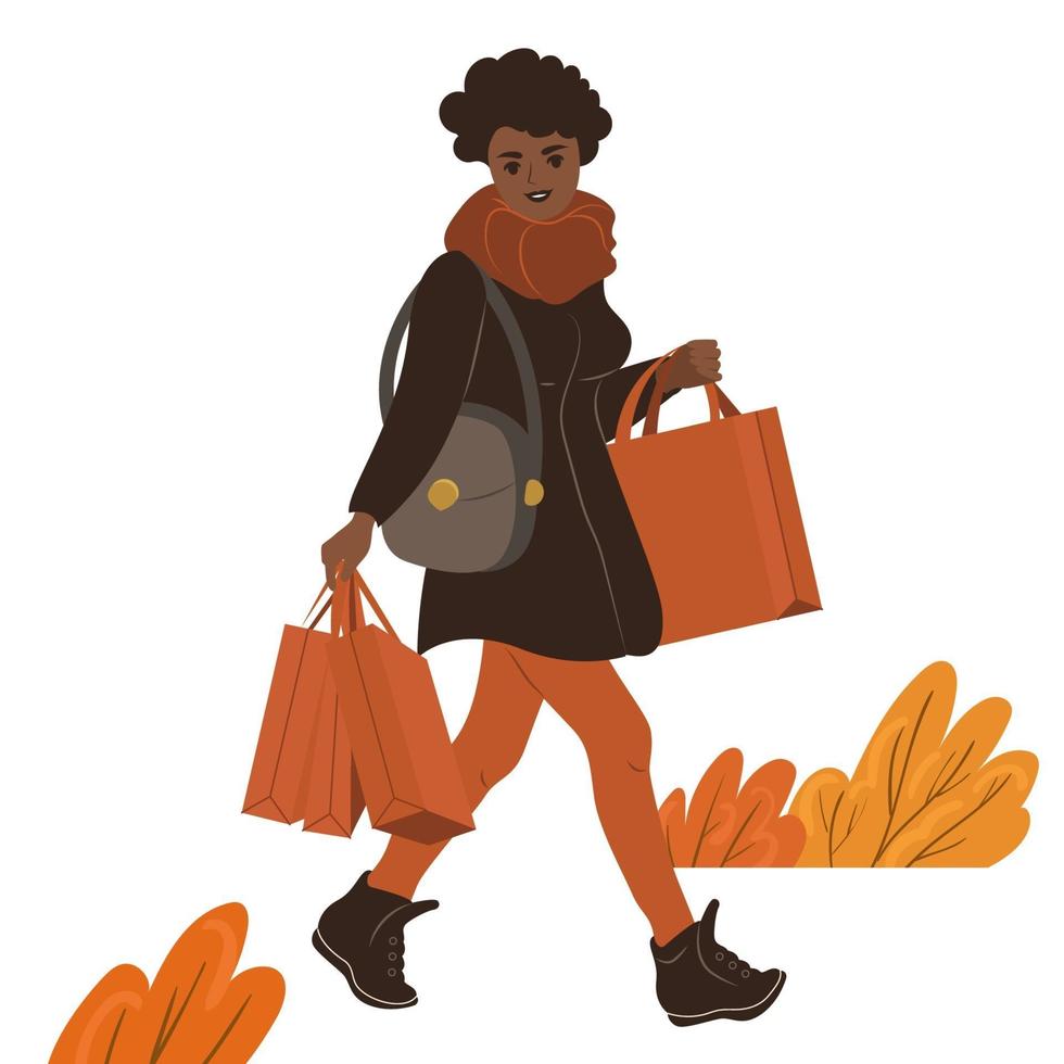 jeune femme afro-américaine avec des sacs à provisions marche vecteur