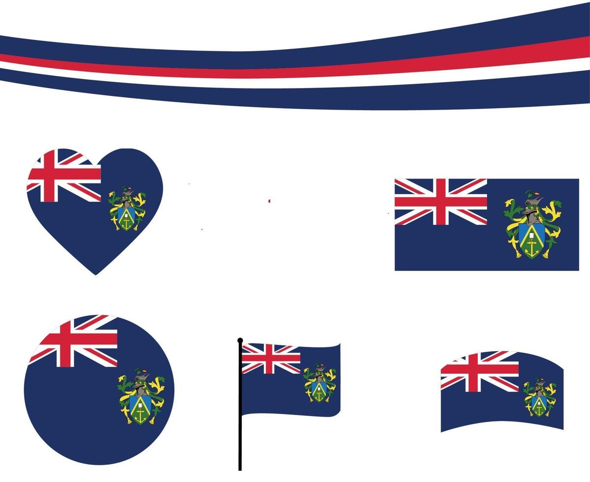 Ruban de carte de drapeau d'îles de Pitcairn et résumé de vecteur d'icônes de coeur