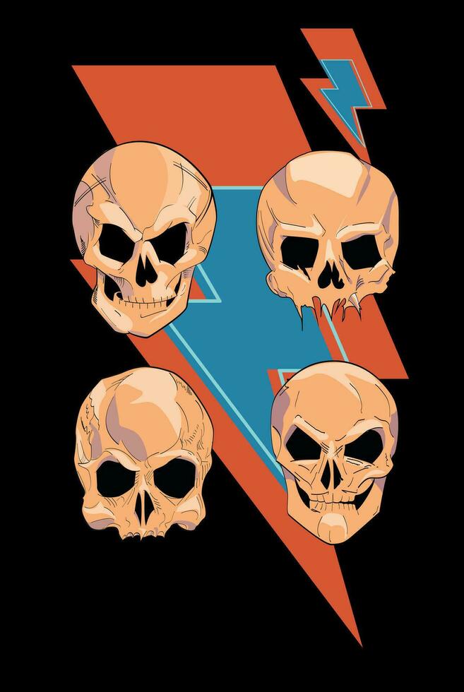 T-shirt conception de le coup de tonnerre symbole le long de avec quatre crânes isolé sur noir. glam Roche affiche. vecteur