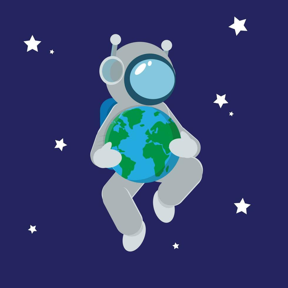 astronaute en portant planète Terre. plat vecteur illustration isolé sur bleu Contexte.
