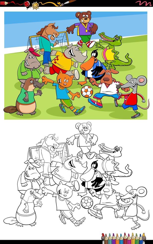 animaux de dessin animé jouant au football page de livre de coloriage vecteur