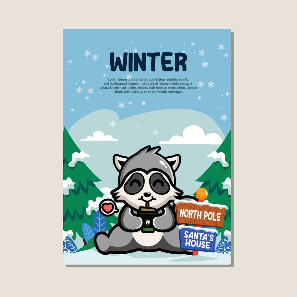 affiche modèle pour hiver avec mignonne raton laveur vecteur