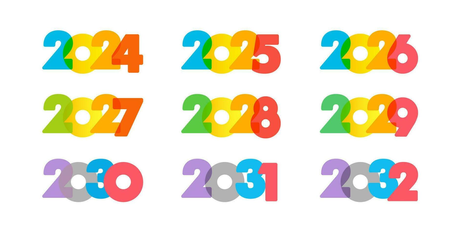 ensemble de Créatif Nombres de 2024 à 2032. Créatif Icônes 2025, 2026, 2027, 2028, 2029, 2030 et 2031 logo. calendrier ou planificateur couverture conception. isolé éléments. coloré concept. vecteur