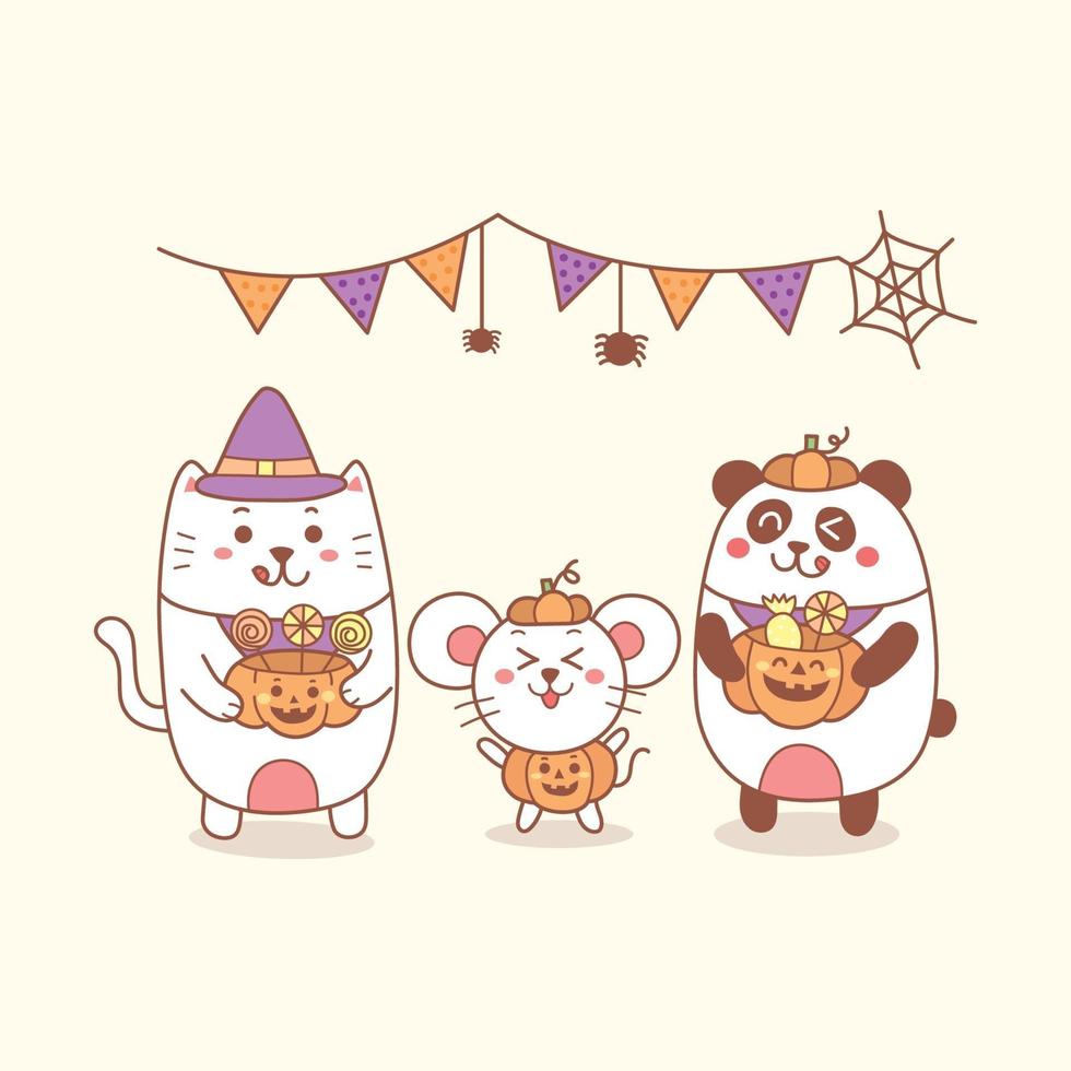 joyeux halloween dessin animé mignon chat rat et panda tenant une citrouille.party vecteur