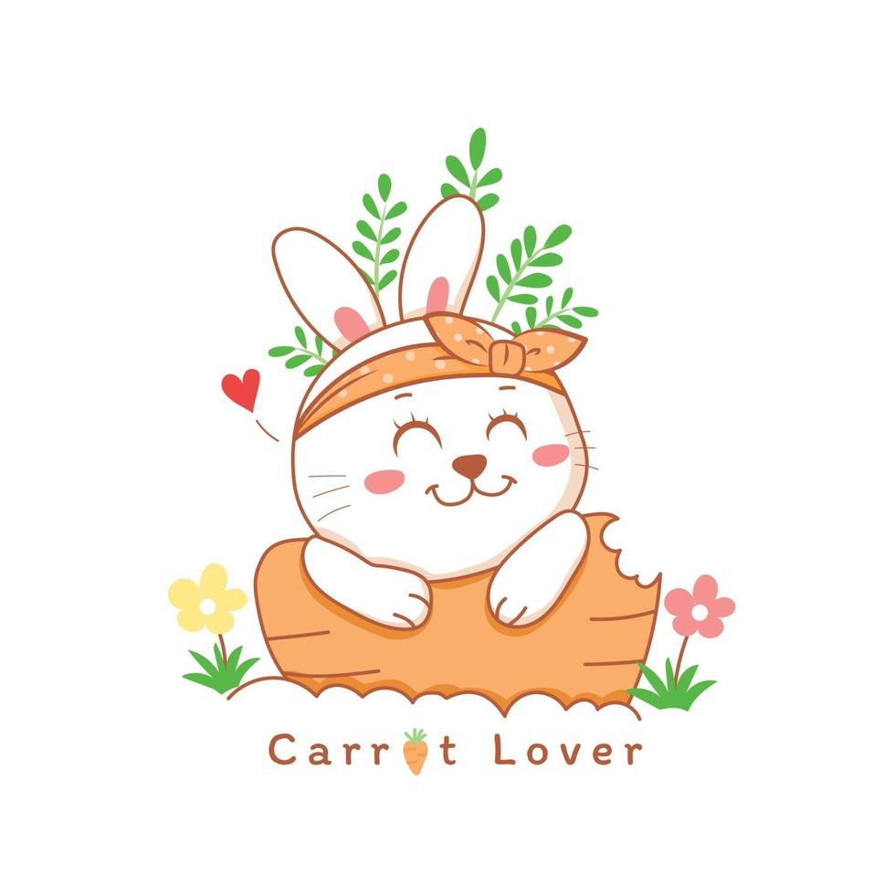 lapin mignon souriant sur une main de dessin animé de carotte dessinée avec des fleurs. vecteur
