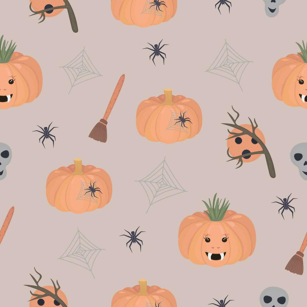 effrayant Halloween sans couture modèle avec citrouilles et araignées, vecteur Contexte