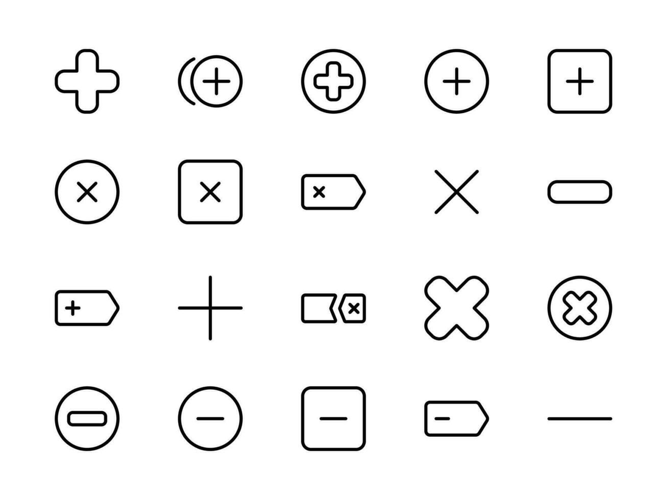 ajouter retirer, plus et moins, positif et négatif, ajouter et supprimer, rond ligne icône noir. pour le utilisation de ui et mobile application, la toile site interface. vecteur